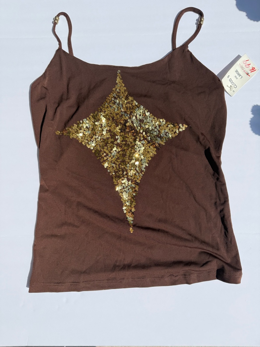 Women's Gold Sequin Starpoint Spaghetti Strap Brown Tank Top